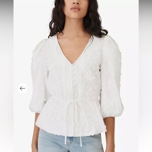 Maje Blanc Loxitane Floral Front Button with Tie White Embroidered Top Size 1